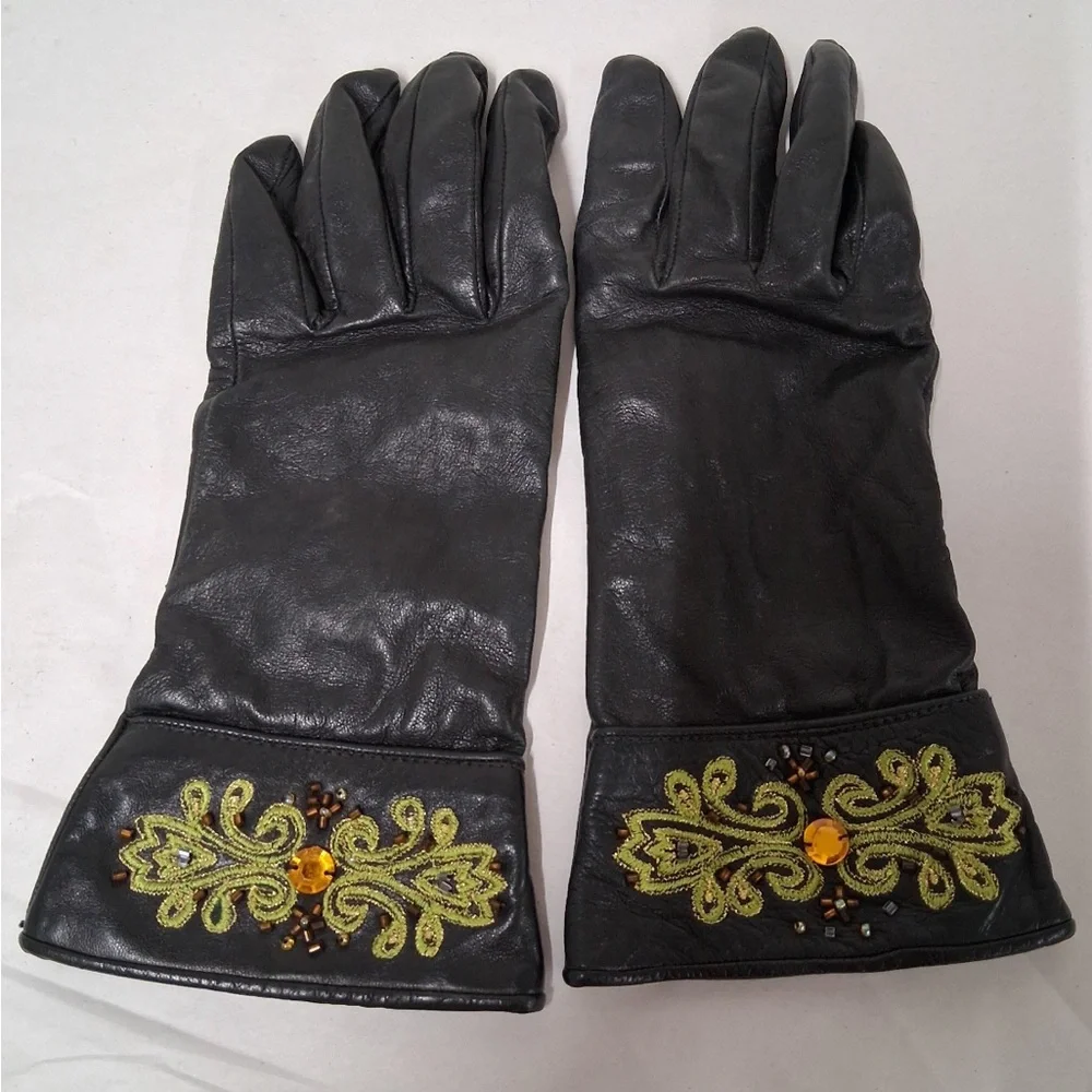 Vintage Leather Gloves w/Embroidered Embellished Cuffs Sz M